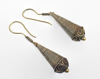 Afghan Earrings, Brass Earrings, Cones, Vintage Earrings, Kuchi, Boho, Big, Pierced, Dangle, Festival Jewelry