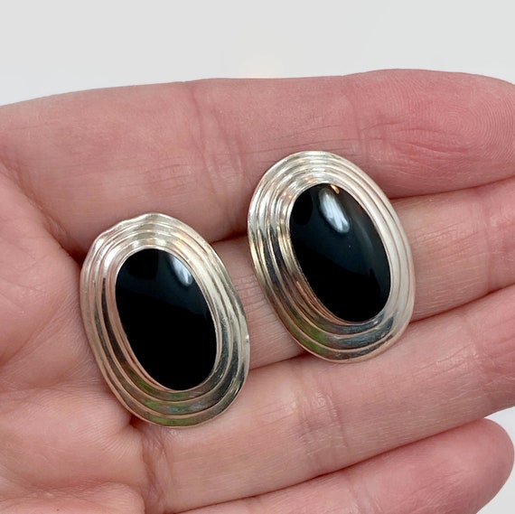 Black Onyx Earrings, Sterling Silver, Modern, Vin… - image 1