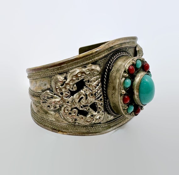 Tibetan Cuff, Boho, Red, Turquoise, Old, Patina, Vintage Bracelet