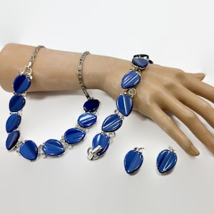 Lisner Parure, Thermoset, Blue, Necklace, Bracelet, Earring, Signed, Set, Silver Tone, 50s, MCM, Lucite, Plastic