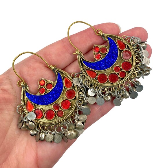 Vintage Afghan Kuchi Earrings Crescent Tribal Bohemian Ethnic Belly Dance Hoop 