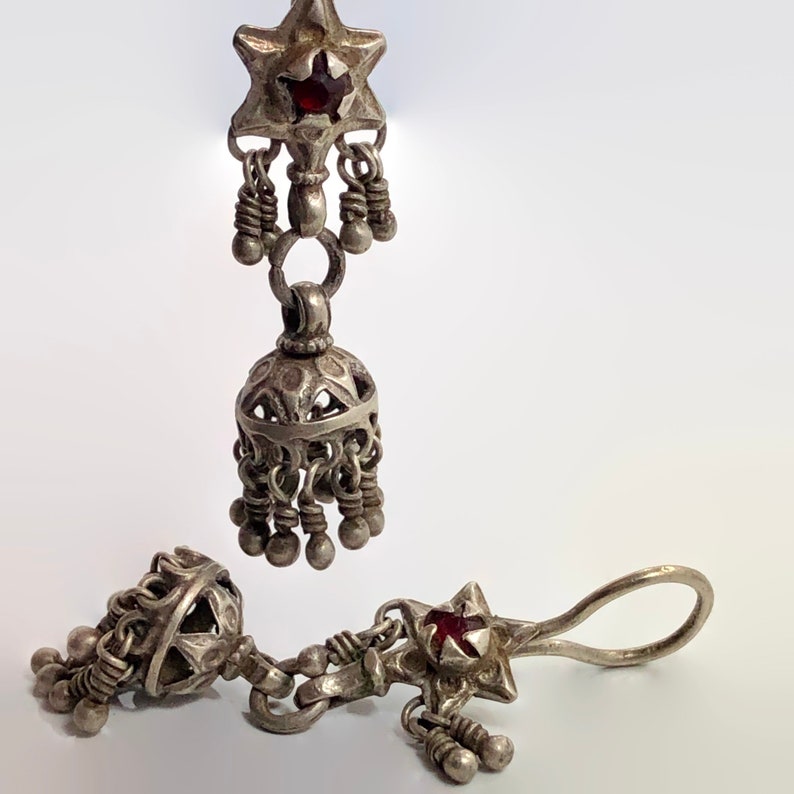 Red Jewels Tassels Earrings Afghan Middle Eastern Earrings Kashmir Jhumka Old Silver Pakistan