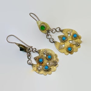 Middle Eastern Earrings, Old Silver, Gold Wash, Vintage Earrings, Afghan, Kuchi, Turquoise, Long, Dangles, Patina, Long, Rustic