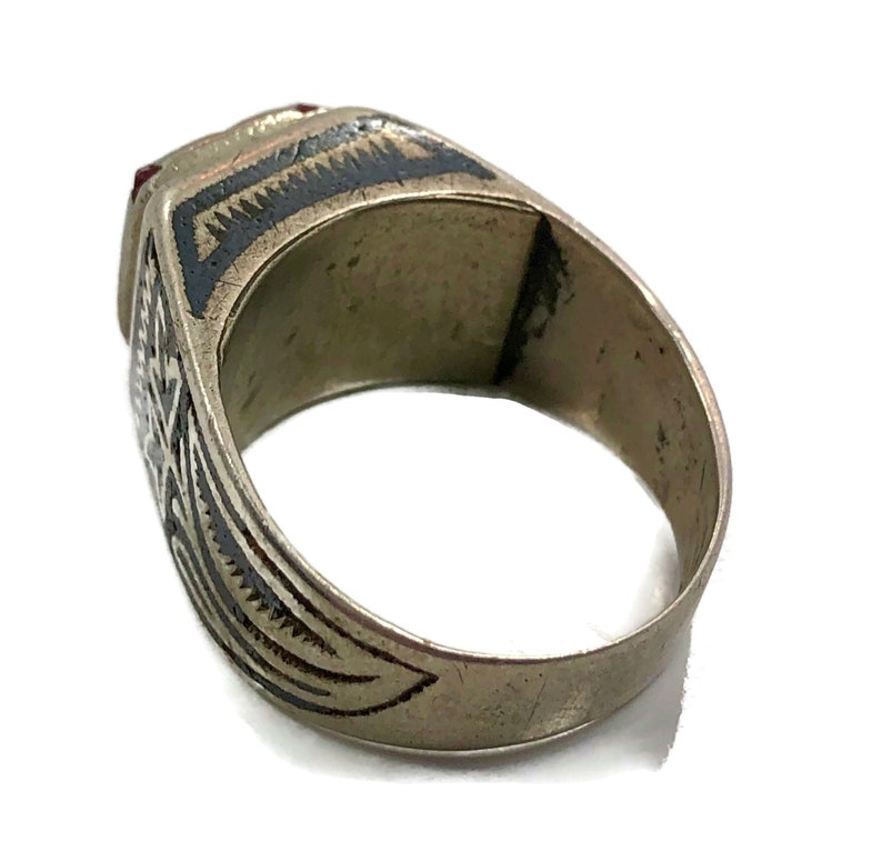 Middle Eastern Boho Jewelry Nomadic Vintage Ring Old Silver Ring Size 8 12 Afghan Ring Unisex Gypsy Red Glass Pakistan