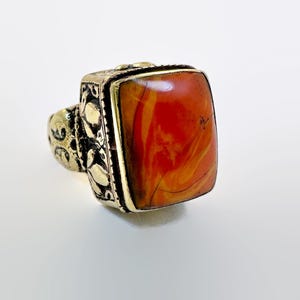 Vintage Afghan Kuchi Ring: Orange Stone, Brass, Size 8.5