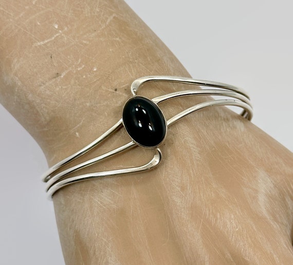 Black Onyx Cuff, Vintage Bracelet, Sterling Silve… - image 2