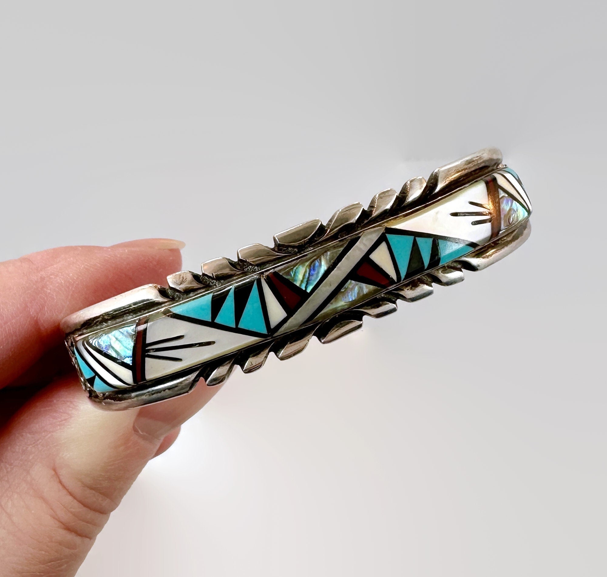 Turquoise Cuff, Sterling Silver, Zuni, Inlaid, Native American, Signed, TJ, Sandcast, Onyx, MOP, Abalone, Vintage Bracelet, Small Wrist Turquoise Cuff, Sterling Silver, Zuni, Inlaid, Native American, Signed, TJ, Sandcast, Onyx, MOP, Abalone, Vintage Bracelet, Small Wrist