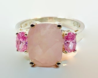 Rose Quartz Ring, Sterling Silver, Vintage Ring, Pink Ring, Size 9, Faceted, Faux Pink Sapphire