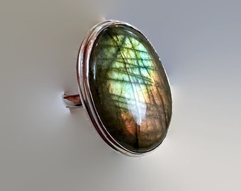 Bague labradorite, argent sterling, longue, ovale, grosse pierre, grande déclaration, taille 9