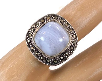 Blue Lace Agate Ring, Marcasite, Sterling Silver, Vintage Ring, Size 5 1/2