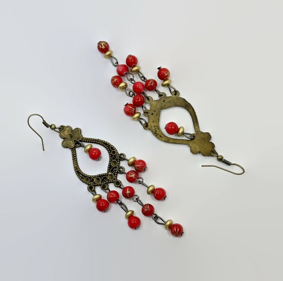 Boho Earrings, Red Glass Beads, Shamrock, Brass, … - image 3