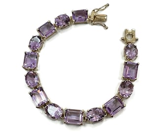Amethyst Bracelet, Purple Gemstone, Sterling Silver, Gold Vermeil, Tennis Bracelet, Links Linked, Multi Stones, Large Stones