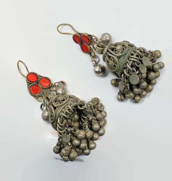 Afghan Earrings, Jhumka Earrings, Red, Vintage Ea… - image 1