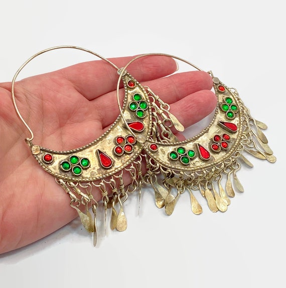 Gypsy Hoops, Kuchi Earrings, Silver, Red, Vintage 