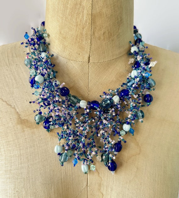 Beaded Necklace, Blue Glass, Fairy Style, Mermaid… - image 2