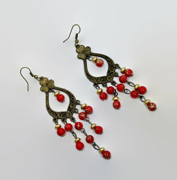 Boho Earrings, Red Glass Beads, Shamrock, Brass, … - image 1