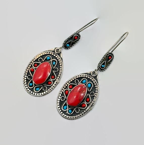 Red Earrings, Afghan, Middle Eastern, Boho, Kuchi,