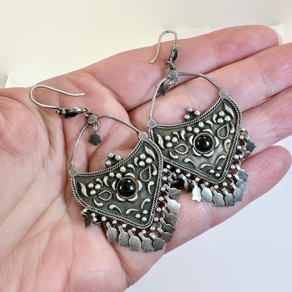 Boho, Earrings, Sterling Silver, Black Onyx, Vintage, Bali, Ethnic