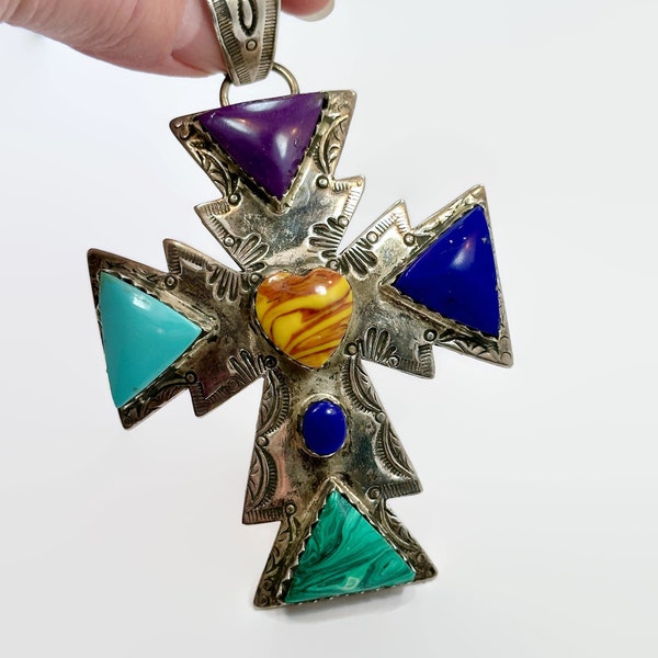 Huge Cross, Sterling Silver, Turquoise, Malachite, Lapis, Native American, Navajo, Vintage Pendant, Southwestern, 4" Long, Big