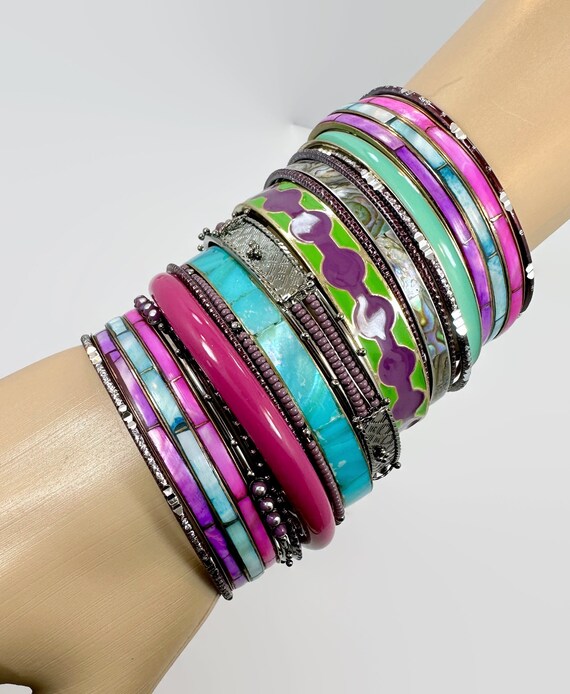 Boho Bangle Bracelet Stack: Vintage India Enamel … - image 2