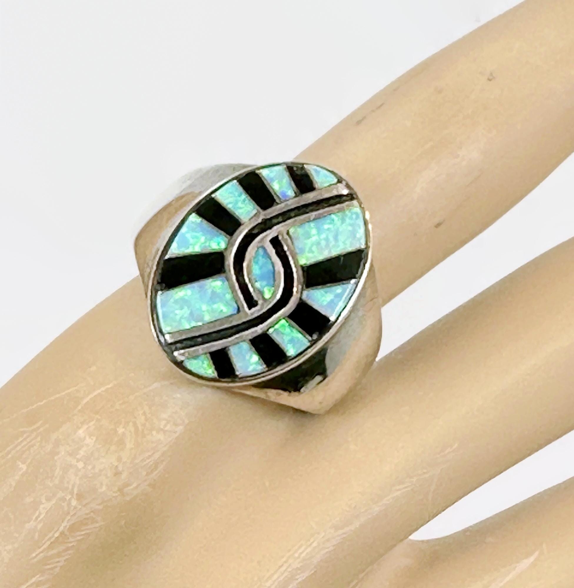 Zuni Vintage Ring 21号 Vintage Zuni Opal & Black Onyx Inlaid Sterling Silver Ring, Size