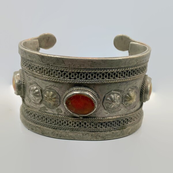 Afghan Cuff, Silver, Middle Eastern Old, Patina, Wide, Kuchi, Red Glass, Belly Dane, Vintage Bracelet, Ethnic, #2