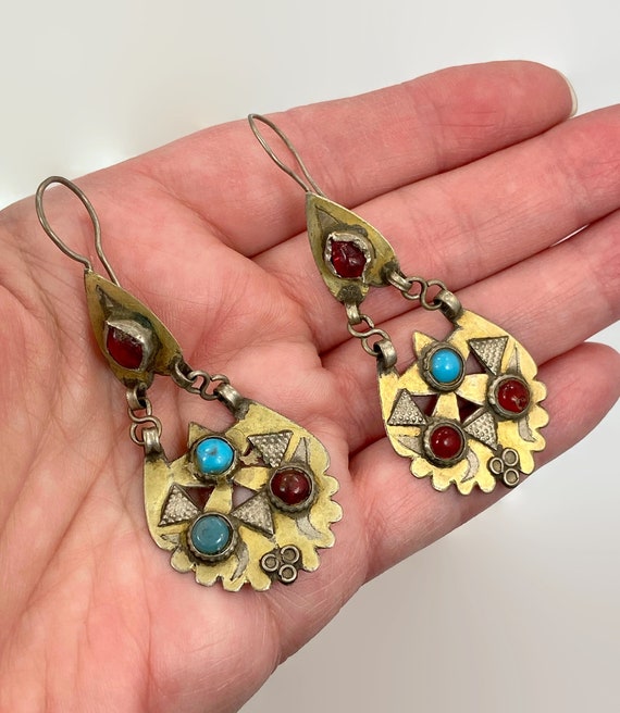 Middle Eastern Earrings, Old Silver, Gold Wash, V… - image 1