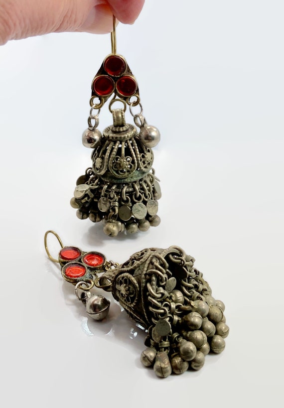 Afghan Earrings, Jhumka Earrings, Red, Vintage Ea… - image 3