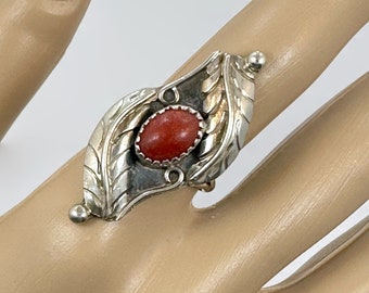 Red Coral Ring, Sterling Silver, Native American, Navajo,  Feather, Vintage Ring, Size 6 1/2, Statement Ring, Long Ring, Large Stone