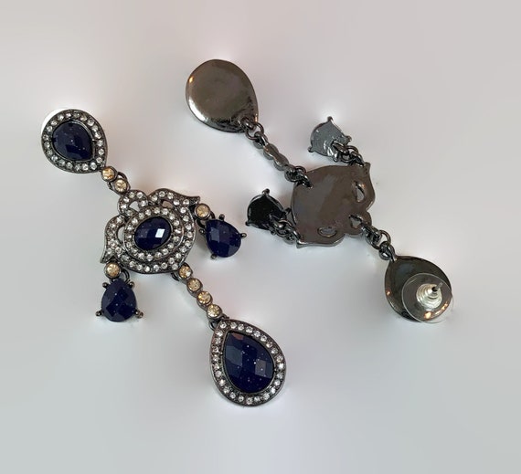 Black Earrings, Rhinestone, Navy Blue, Acrylic Je… - image 3