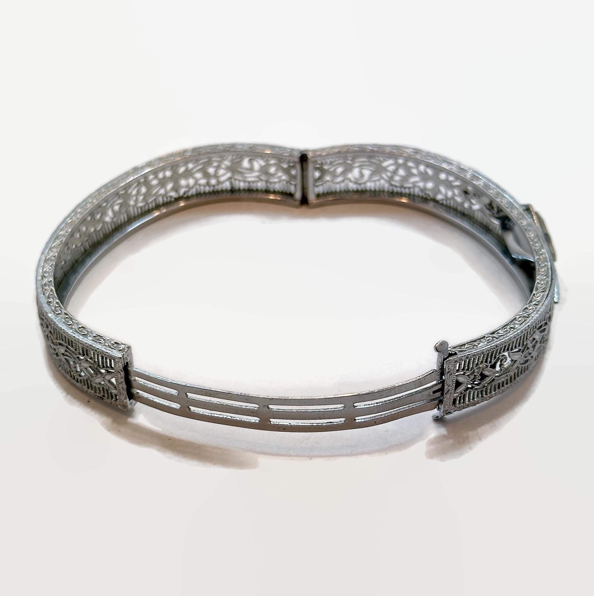 Art Deco Bracelet, Filigree, Rhodium Plated, Hinged, Signed