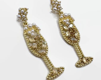 Champagne Earrings, Rhinestones, Gold Metal, Faux Pearl, Dangle, Funky, Big, 2 1/2" Long, Statement