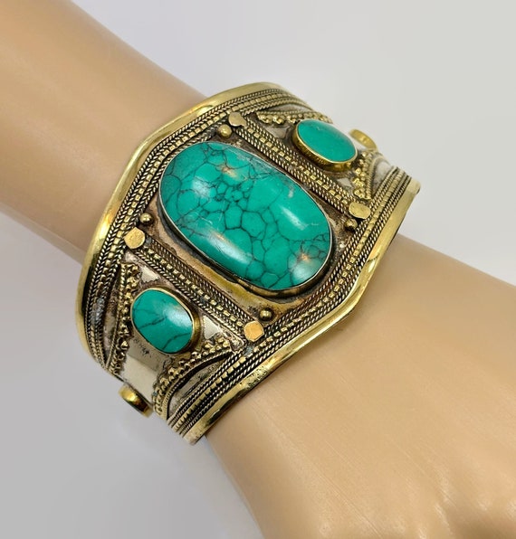Kuchi Cuff, Afghan, Vintage Bracelet, Green Jaspe… - image 1