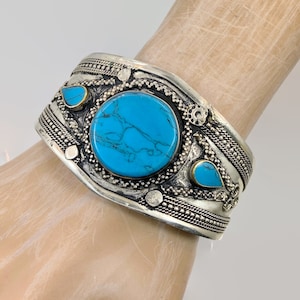 Boho Bracelet, Kuchi Cuff, Afghan Jewelry, Composite Turquoise, Vintage, Middle Eastern, Silver Cuff, Silver, Wide, Afghan, Ethnic, Tribal