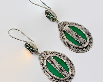 Green Earrings, Boho, Afghan, Enameled, Big, 3 1/4" Long, Vintage, Silver Metal, Middle Eastern