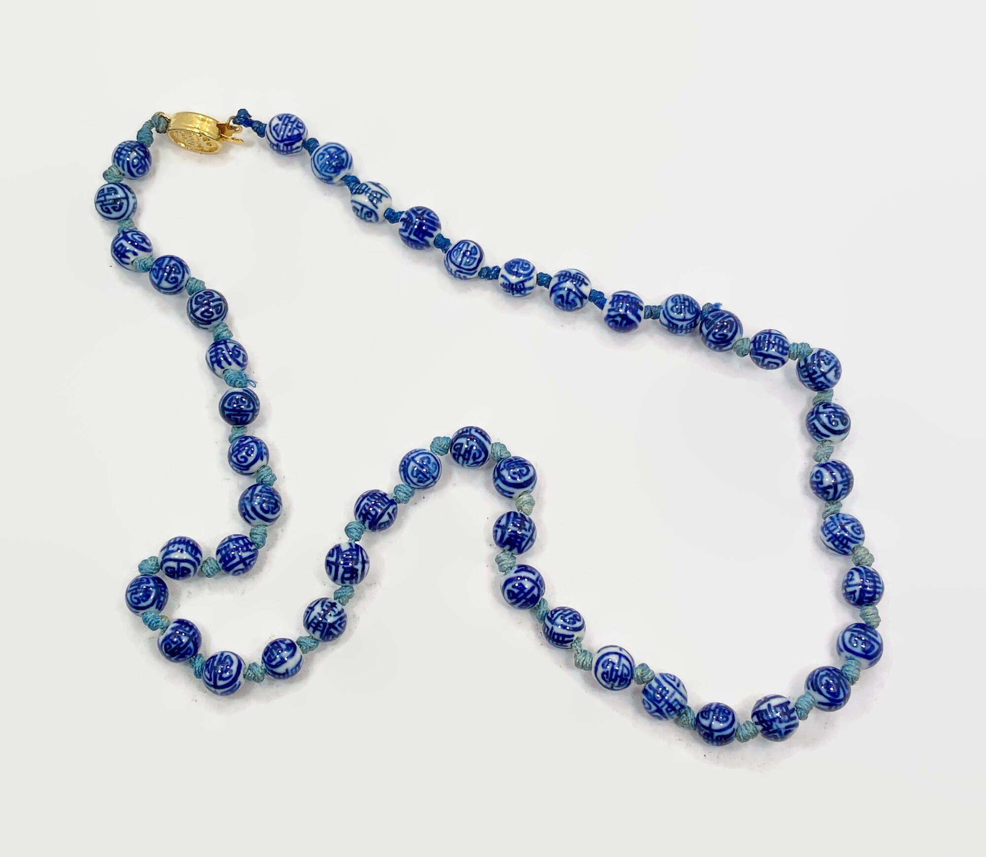 Vintage Blue White Porcelain Beaded Necklace: Hand Knotted Asian