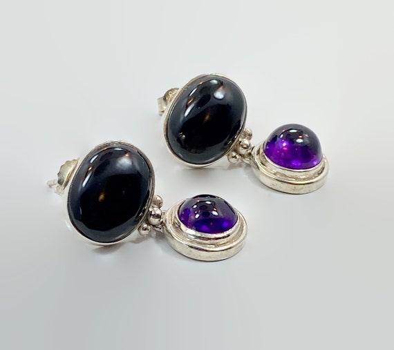 Amethyst Earrings, Onyx Earrings, Sterling Silver… - image 1