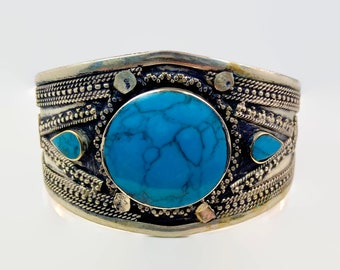 Boho Bracelet, Kuchi Cuff, Afghan Jewelry, Composite Turquoise, Vintage, Middle Eastern, Silver Cuff, Silver, Wide, Afghan, Ethnic, Tribal