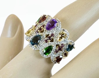 Vintage Multi Gemstone Ring: Sterling Silver Gold Vermeil Cluster