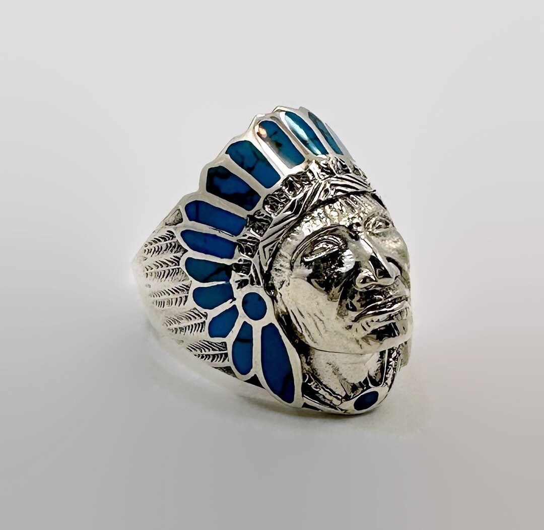 Indian Chief Ring, Turquoise Inlay, Sterling Silver, Vintage Ring, Size ...