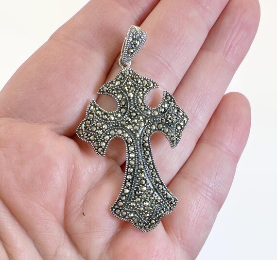 Pendentif Croix En Argent Massif Avec Marcassites - Bijou Ancien Et élégant