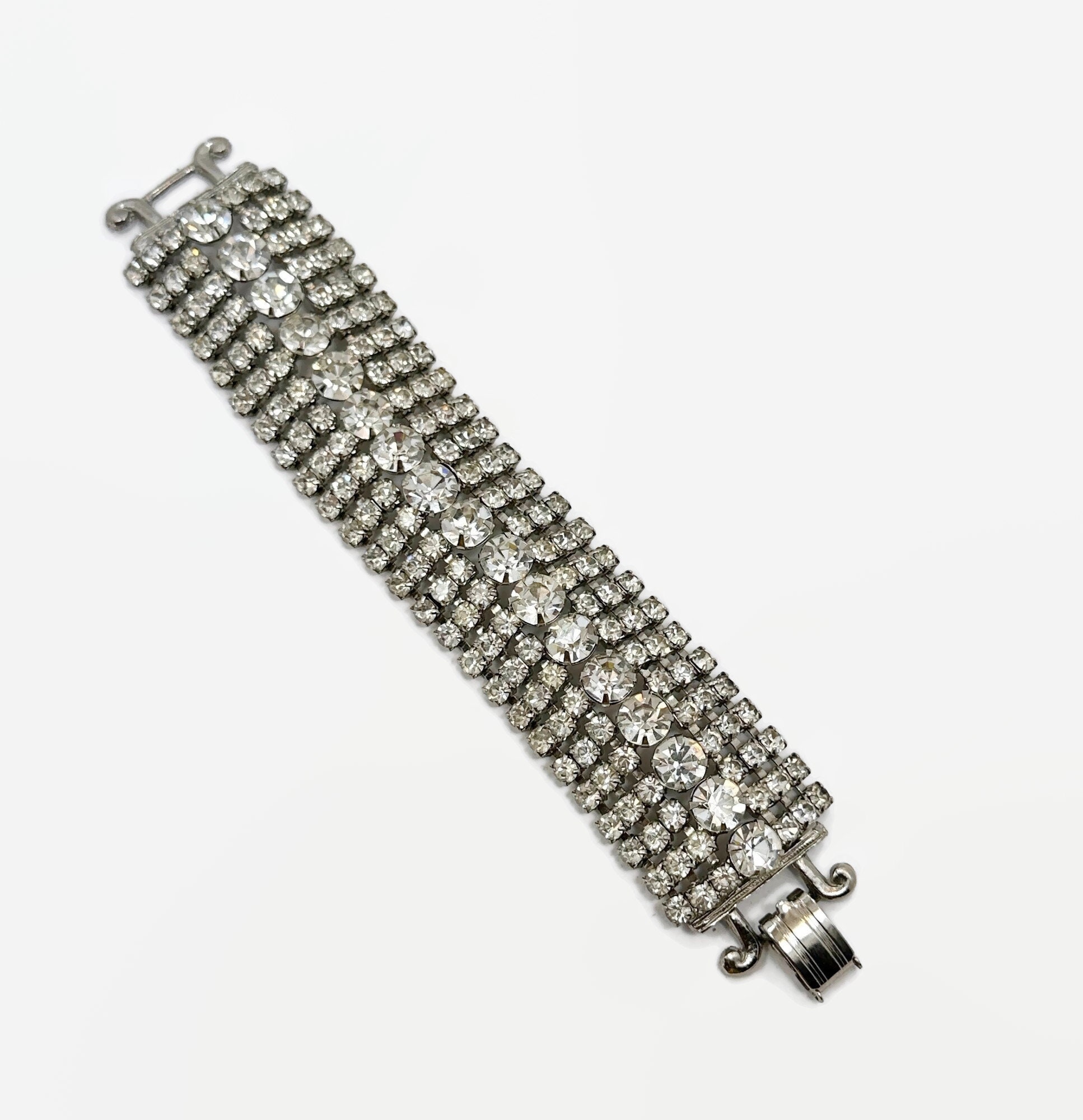Rhinestone Bracelet, 7 Rows, Soldered, Fold Over Clasp, Wide, MCM, 1950s, 50s - Etsy Rhinestone Bracelet, 7 Rows, Soldered, Fold Over Clasp, Wide, MCM, 1950s, 50s - Etsy