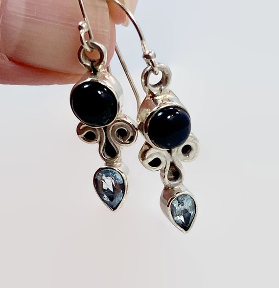 Black Onyx Earrings, Blue Topaz, Blue Stone, Ster… - image 2