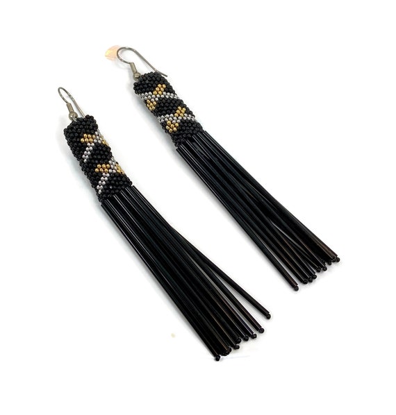 Black Earrings, Unique, 4 1/2" Long, Glass Beads, 