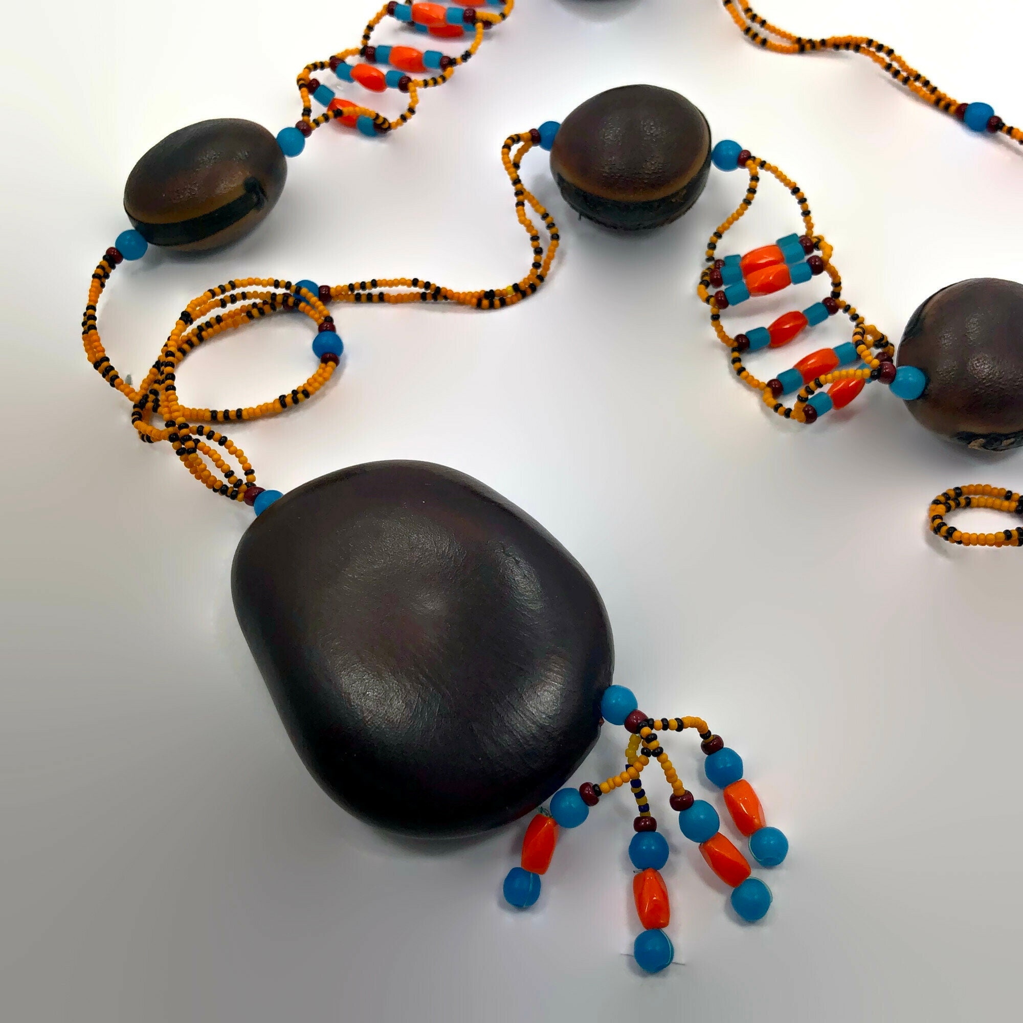 Boho Necklace, African, Seed Pod, Glass Beads, Vintage Necklace, Ethnic Statement, Orange, Turquoise, Tunic Length, Large, Long, Big Beads - Etsy Boho Necklace, African, Seed Pod, Glass Beads, Vintage Necklace, Ethnic Statement, Orange, Turquoise, Tunic Length, Large, Long, Big Beads - Etsy