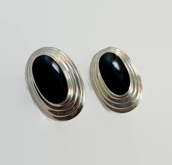 Black Onyx Earrings, Sterling Silver, Modern, Vin… - image 3