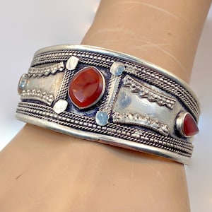 Carnelian Cuff, Afghan, Boho, Kuchi, Vintage Bracelet, Middle Eastern, Red Stone, Silver, Tribal, Ethnic, Ornate