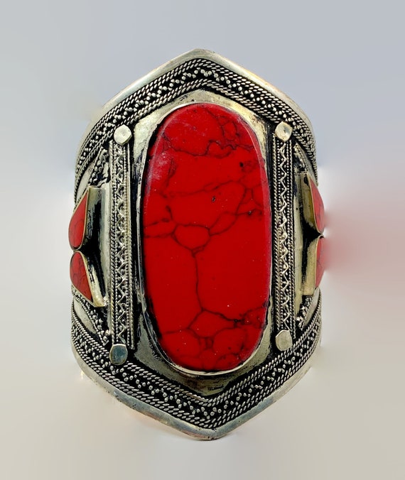 Red Bracelet, Jasper, Silver, Afghan Cuff, Vintag… - image 3
