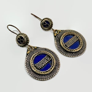 Blue Earrings, Boho, Afghan, Enameled, Big, 3" Long, Vintage Earrings, Cobalt Blue, Silver Metal, Middle Eastern, Kuchi, Bohemian, Ethnic