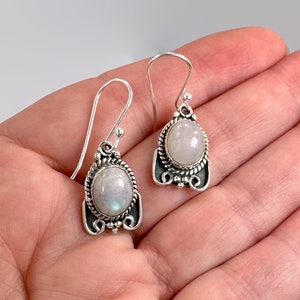 Moonstone Earrings, Sterling Silver, Pierced, Blue Stone, Dangle Earrings, Ear Wires, Boho